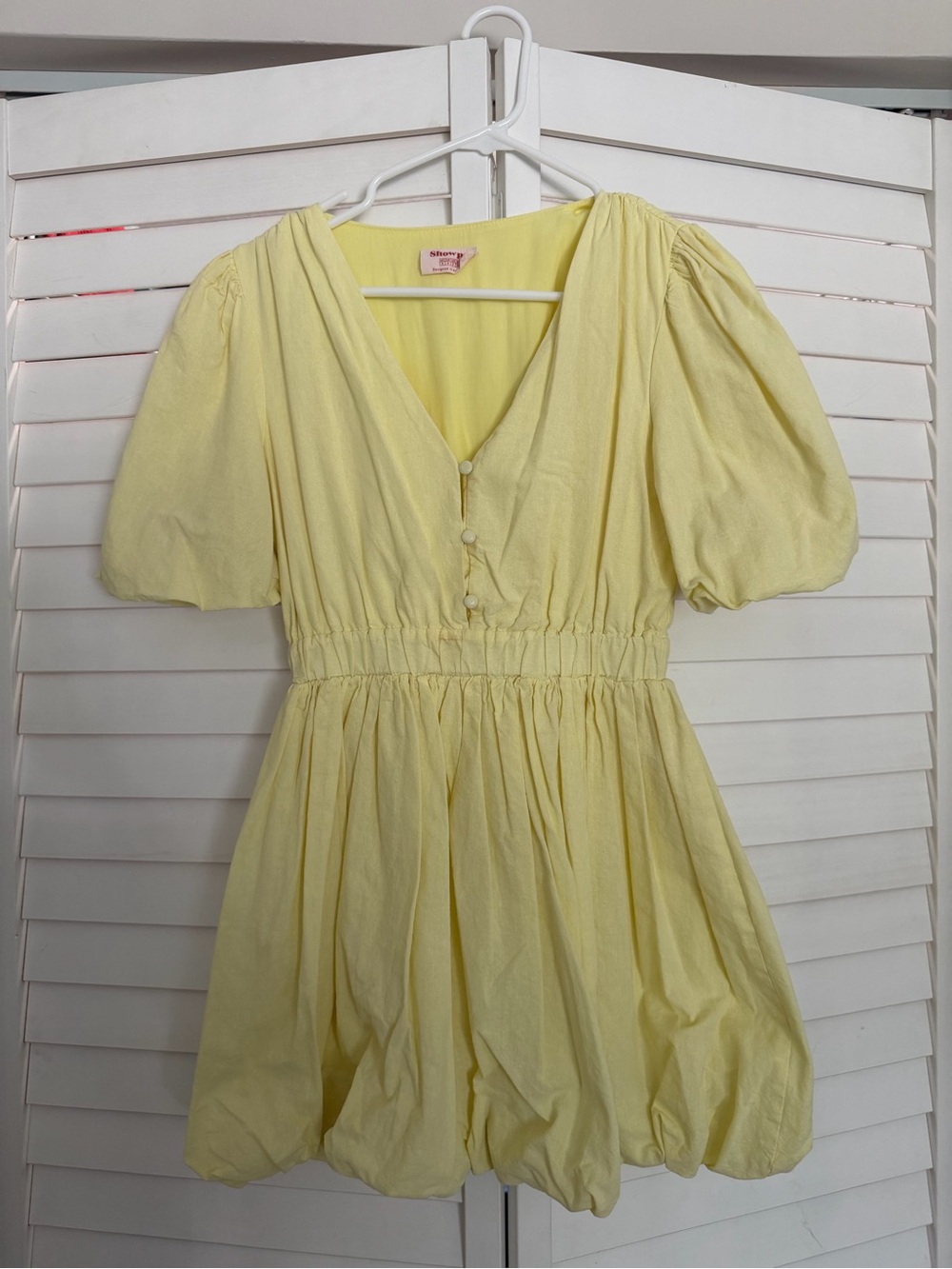Showpo Pale Yellow V-Neck Puff Sleeve Mini Dress